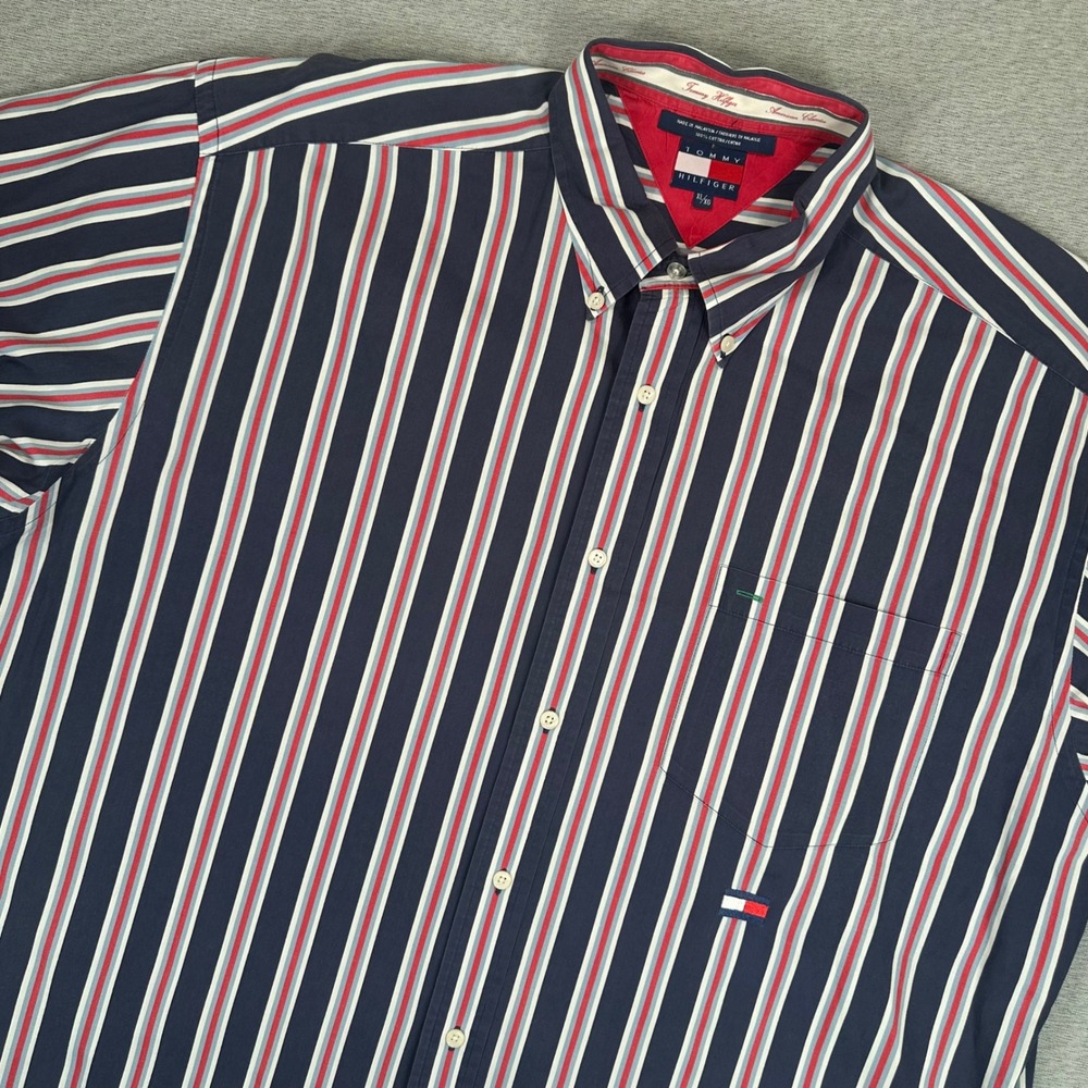 VTG Tommy Hilfiger Shirt Mens XL Blue Red Stripe Button Down Navy Surplus Style